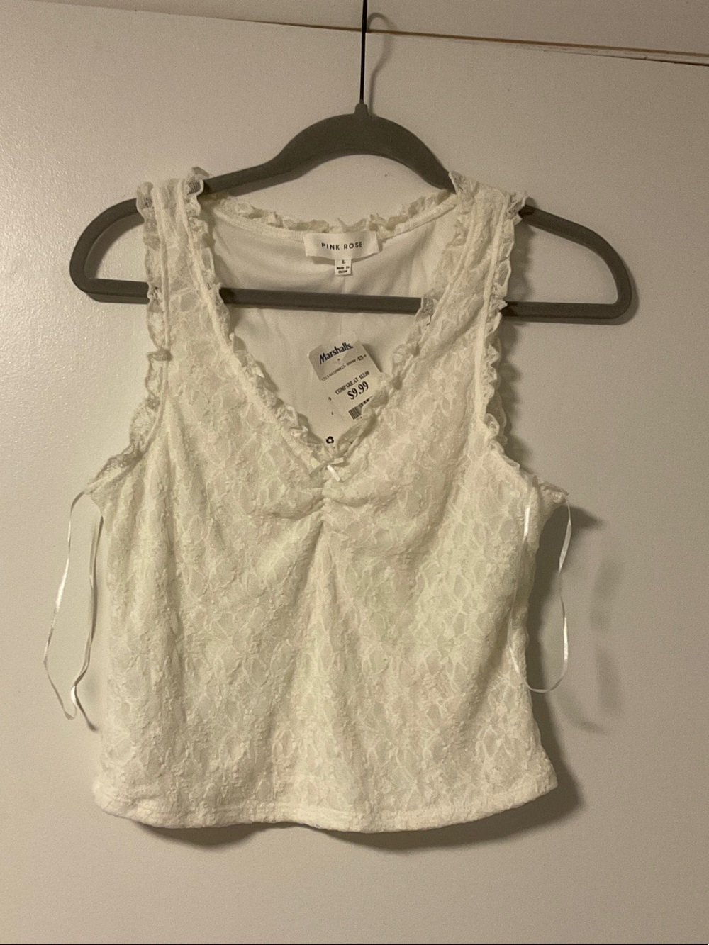 Pink Rose White Lace Ruffle-Trim Camisole